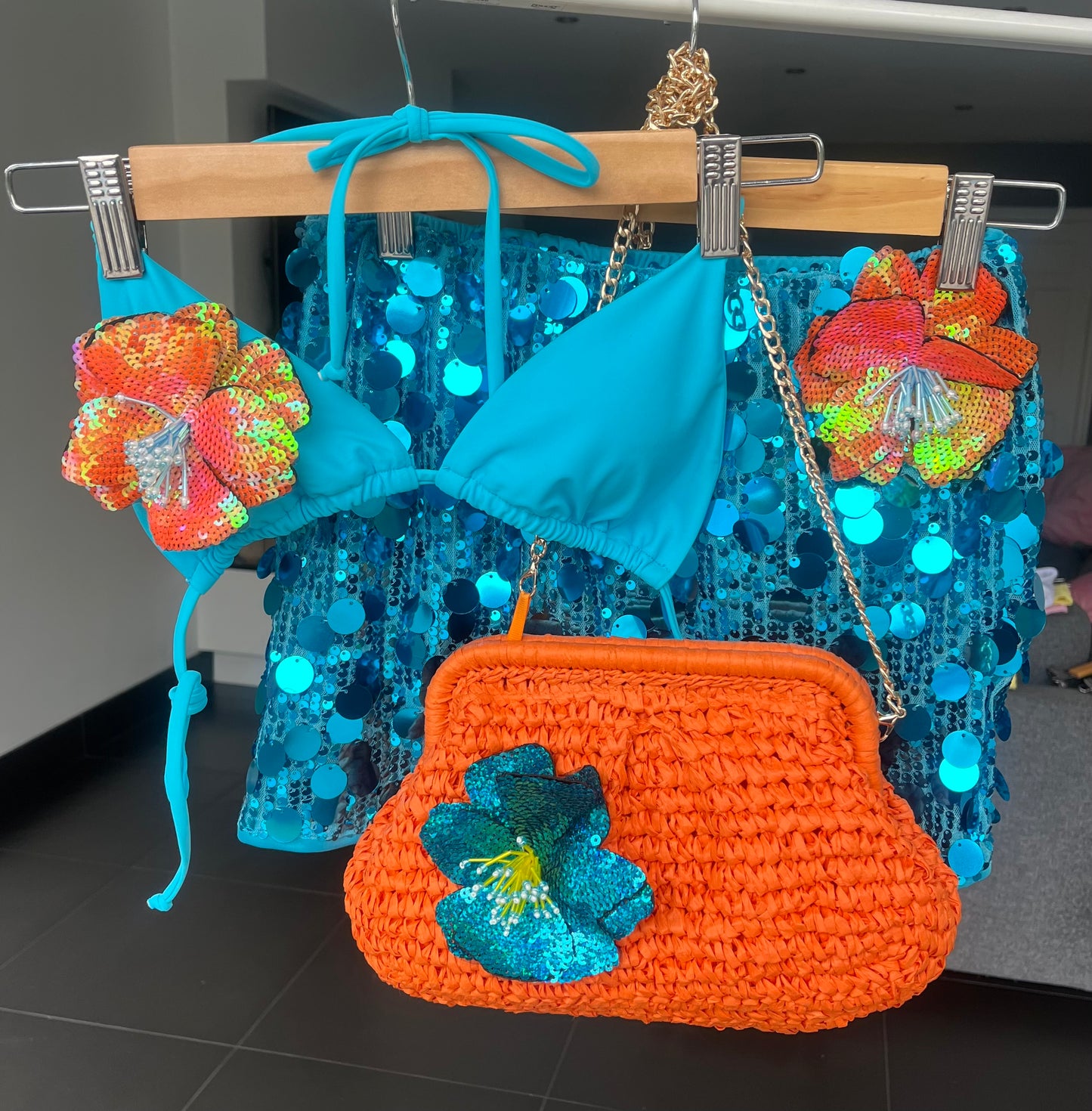 Orange turquoise flora charm bag