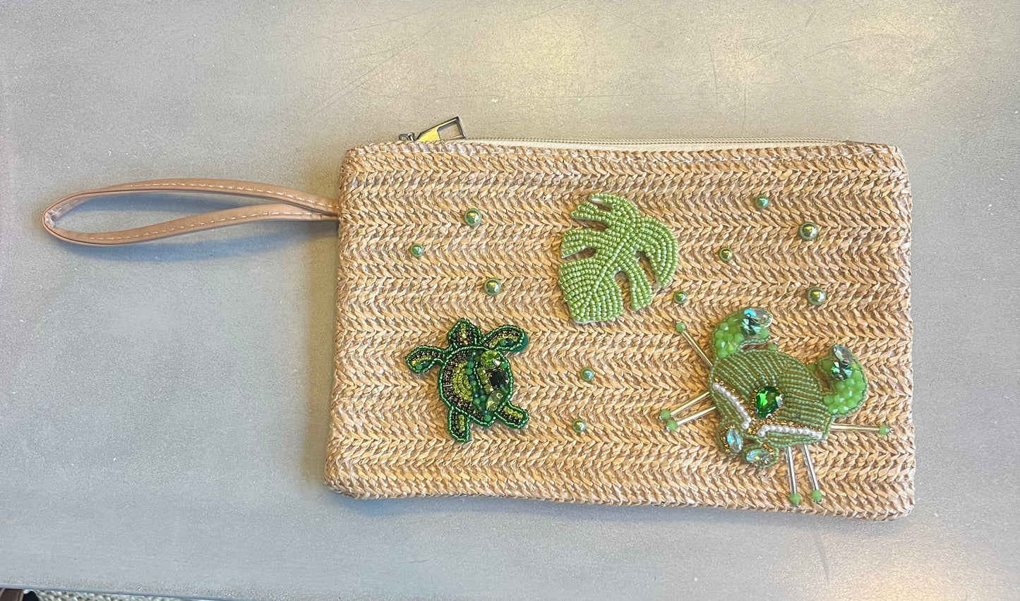 Beige matcha beaded selection pouch / clutch bag