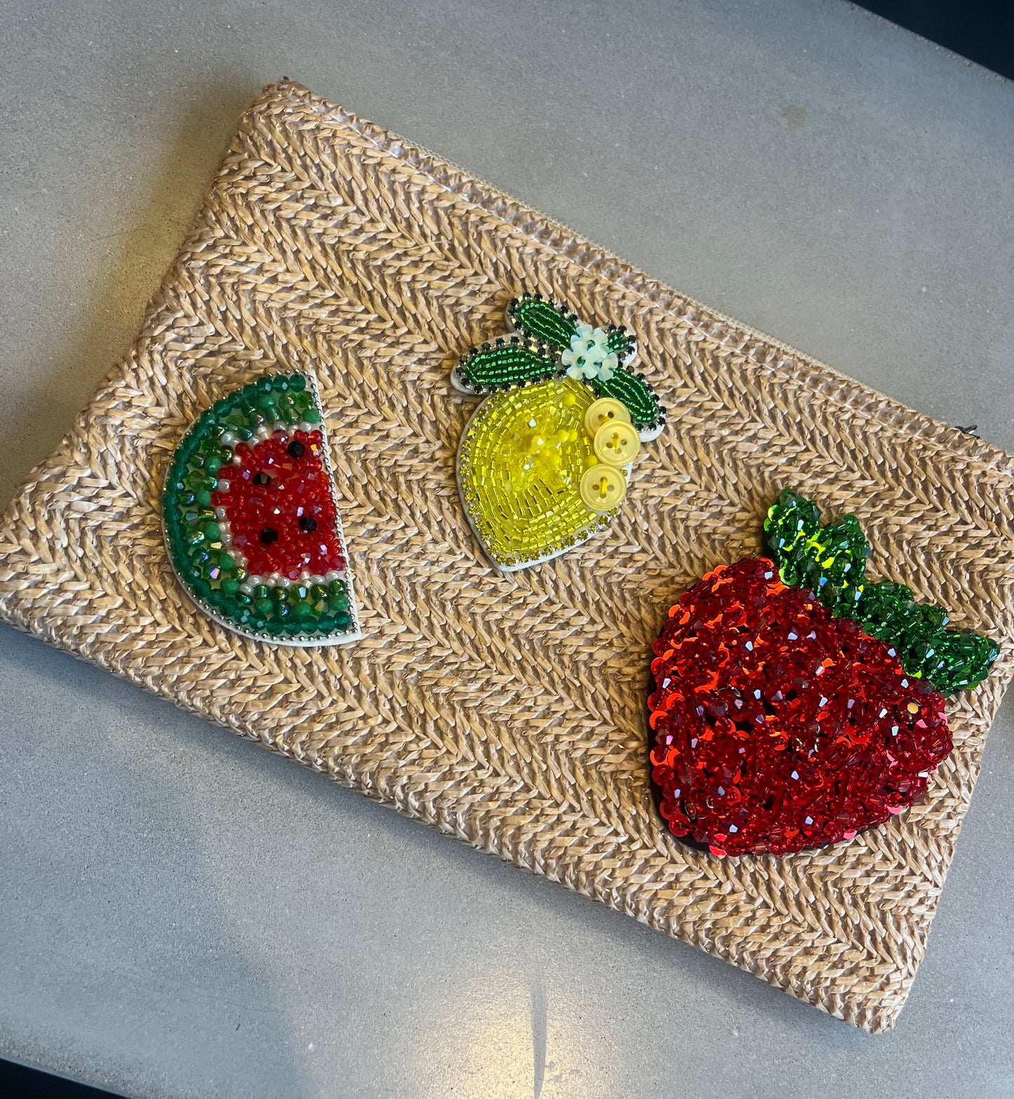 Beige beaded fruit pouch / clutch bag