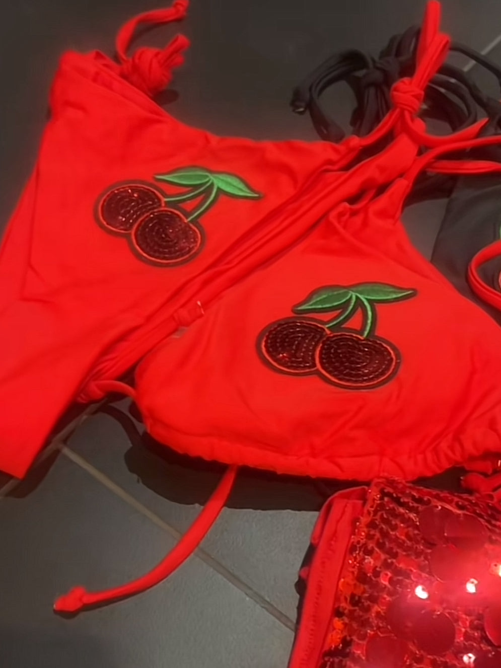 Red sequin cherry bay bikini