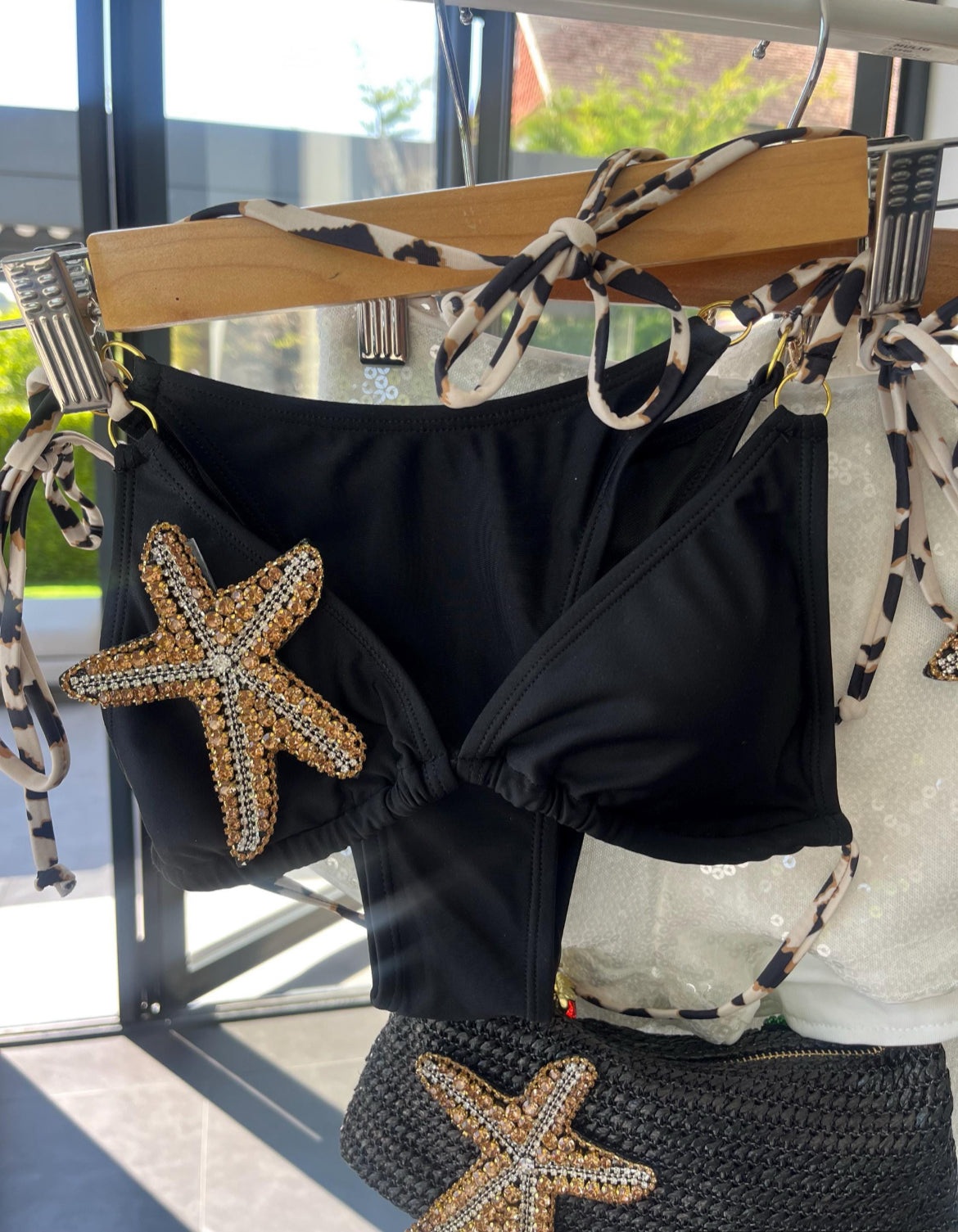Black / gold Gem starfish bikinis & contrast cow print ties - One of a kind