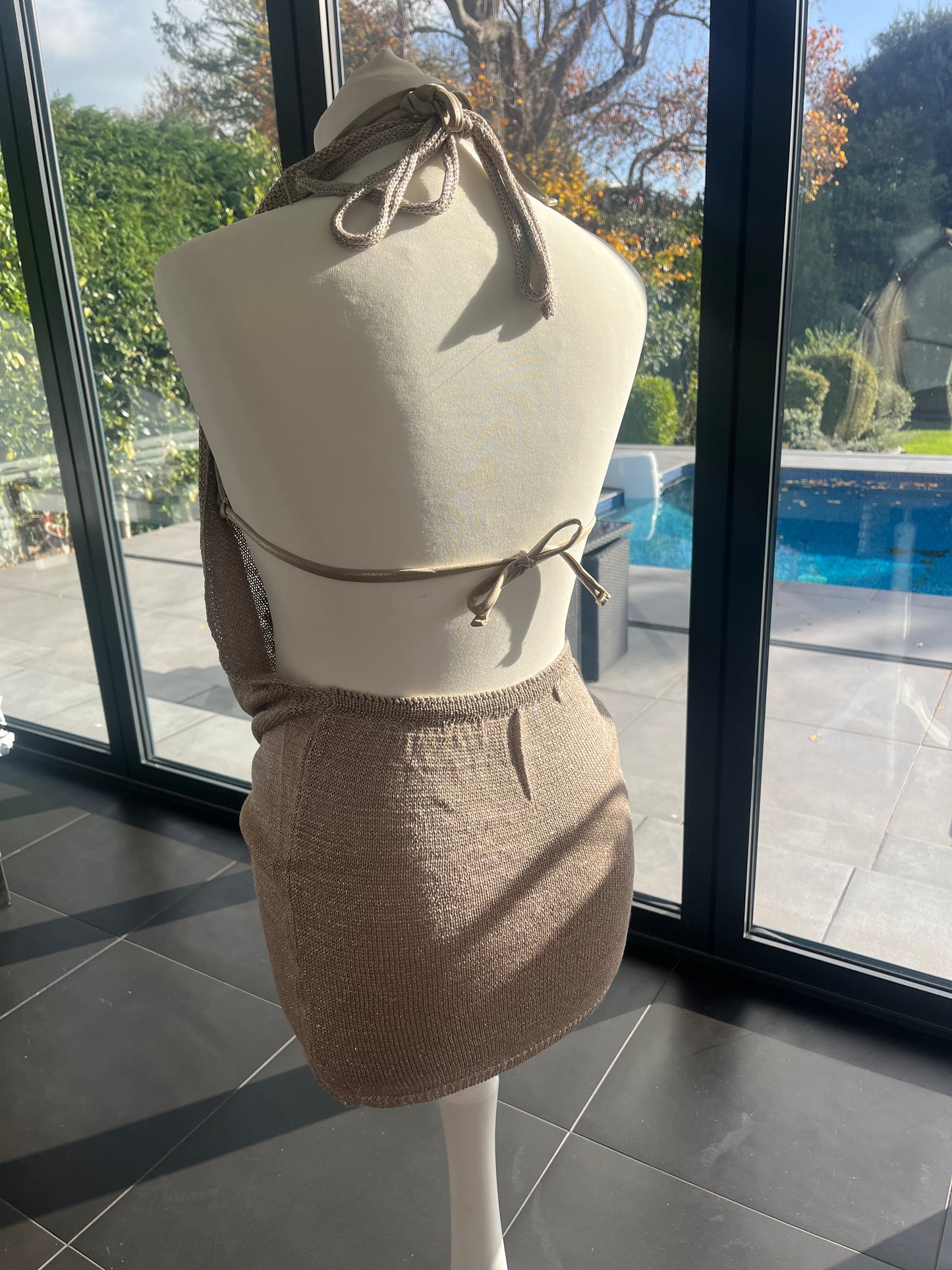 Beige beaded seashells knit slouch front backless dress