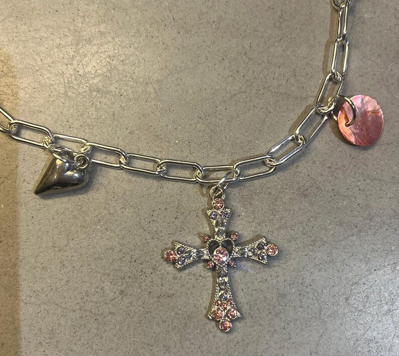Silver charm necklace Pink gem cross