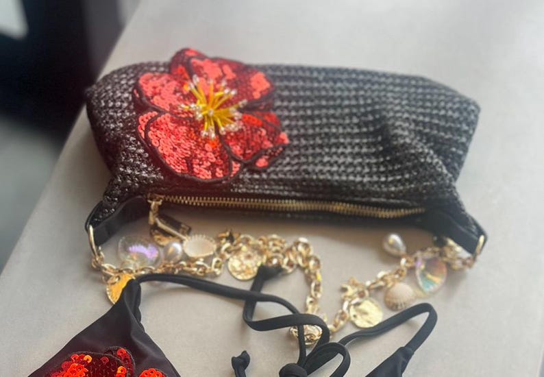Black / red flora charm bag