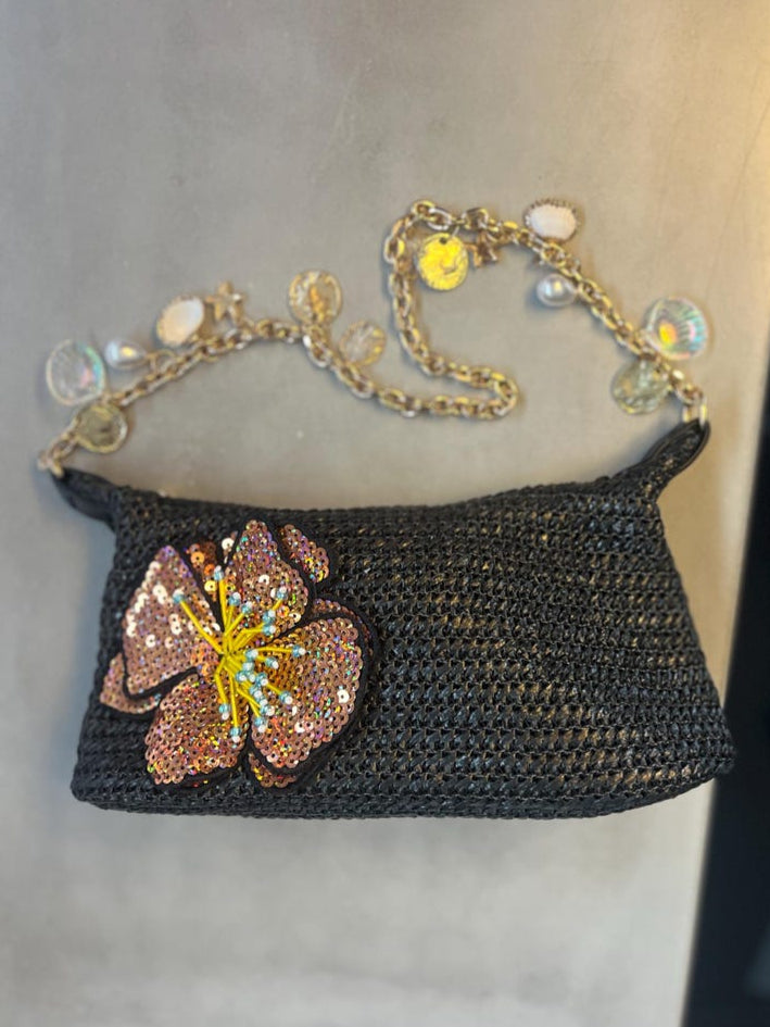 Black / rose gold flora charm bag