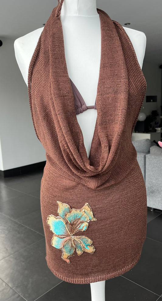 Coco Brown Teal blossom knit slouch front backless dress