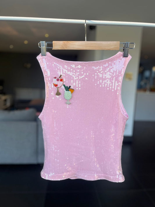 Pink beaded cocktails sequin Tank top ONLY