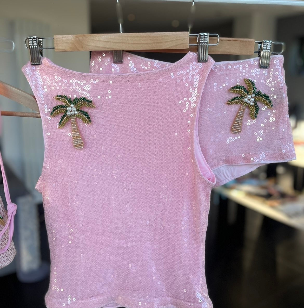 Pink beaded palm tree sequin tank & shorts SET