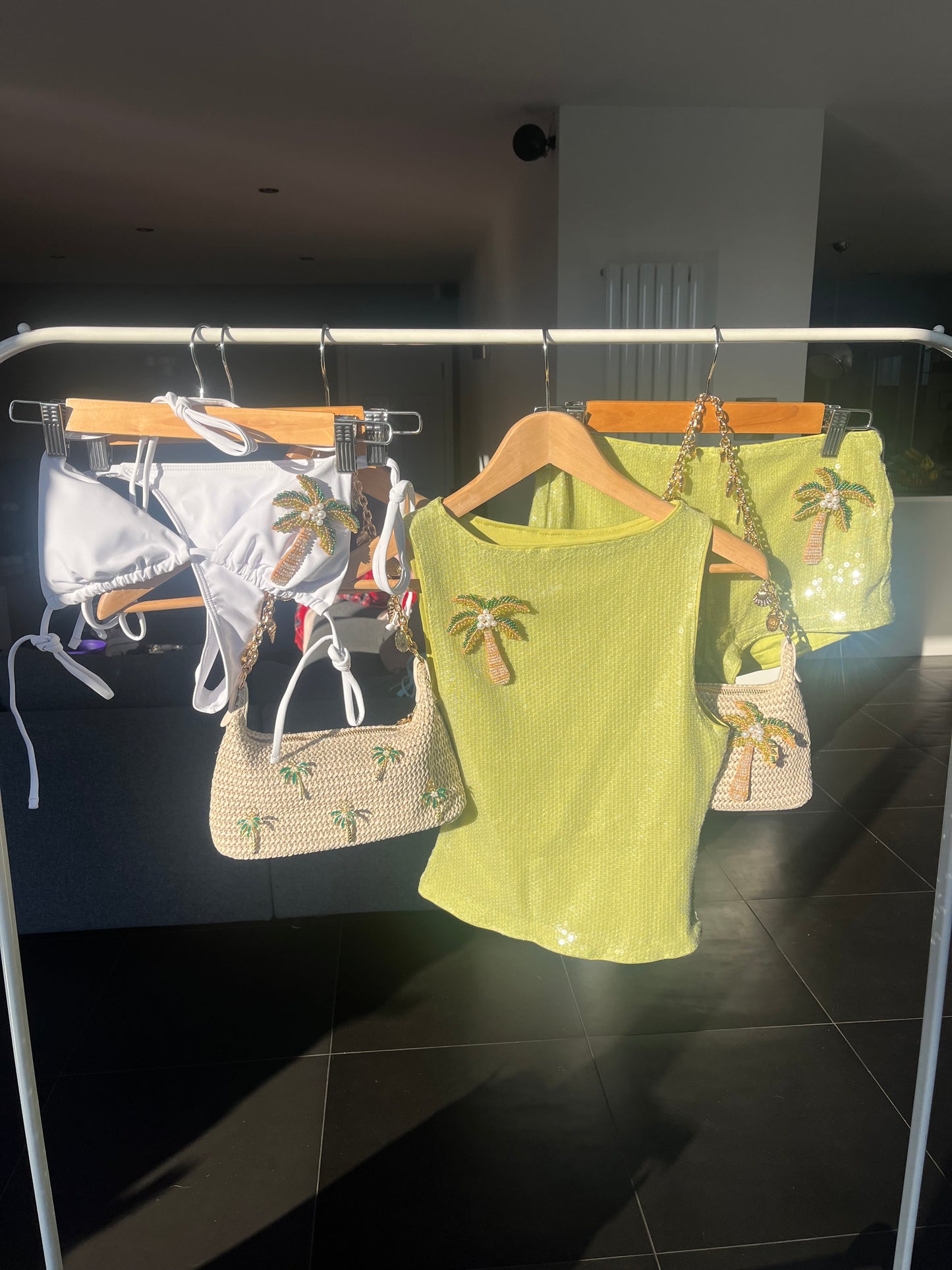 Matcha beaded palm tree sequin tank & shorts SET