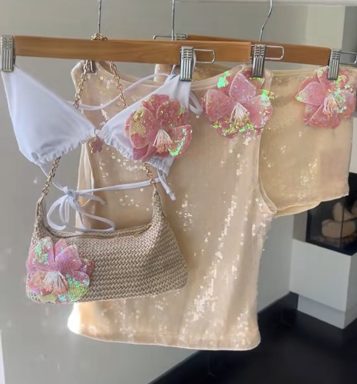 Beige / pink flora sequin TANK TOP ONLY
