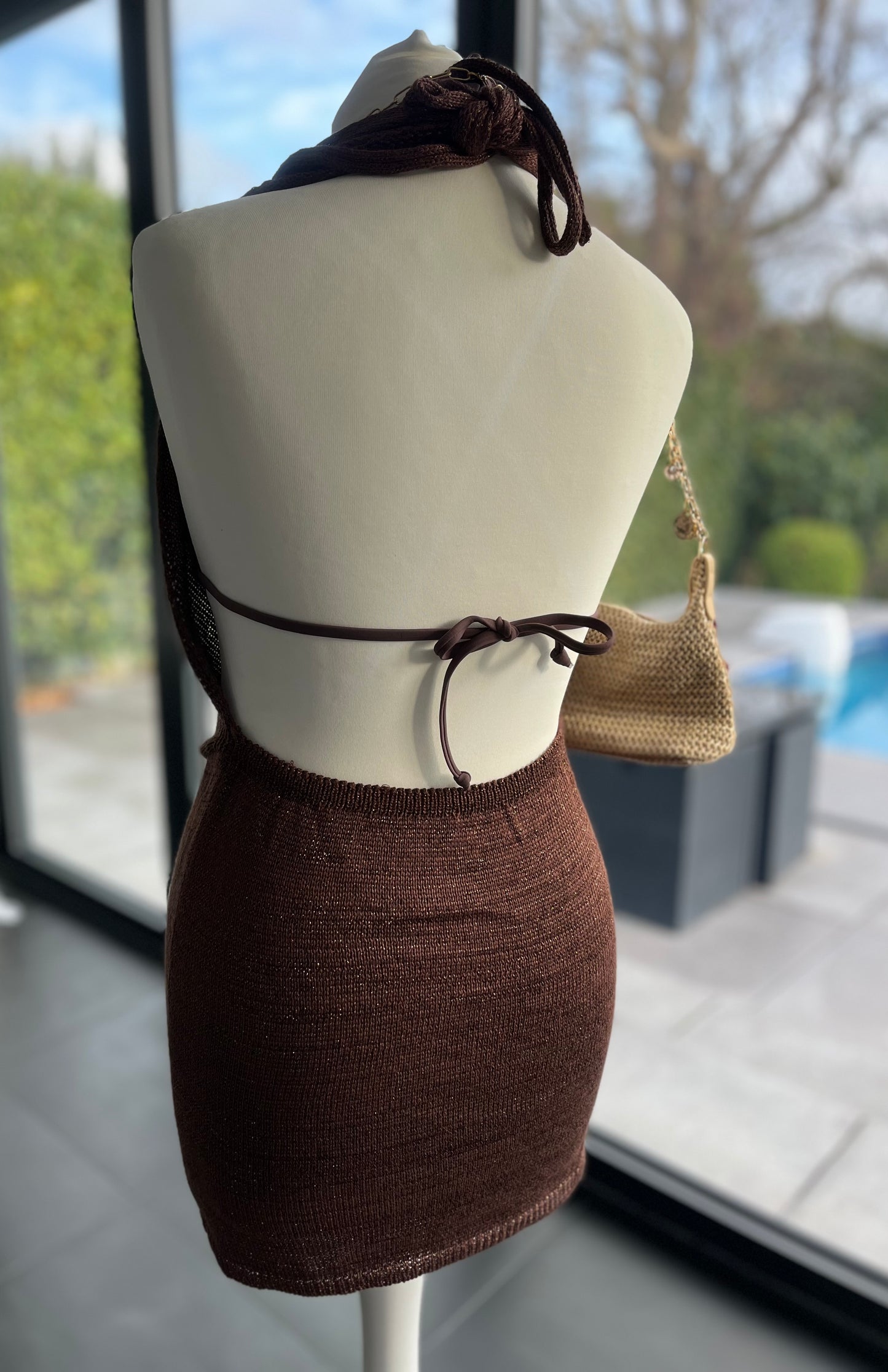 Brown ocean blossom knit slouch front backless dress