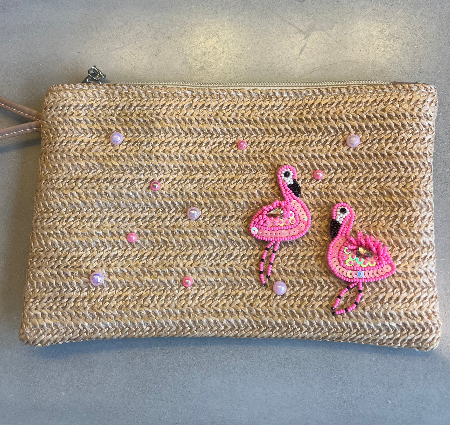 Beige beaded flamingos pouch / clutch bag