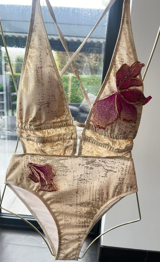 Beige Pink blossom One piece swimsuit