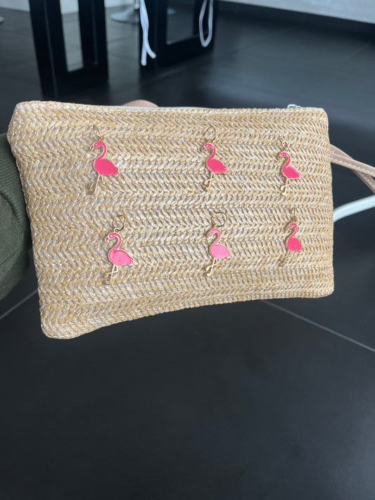 Beige Flamingo charm pouch / clutch bag