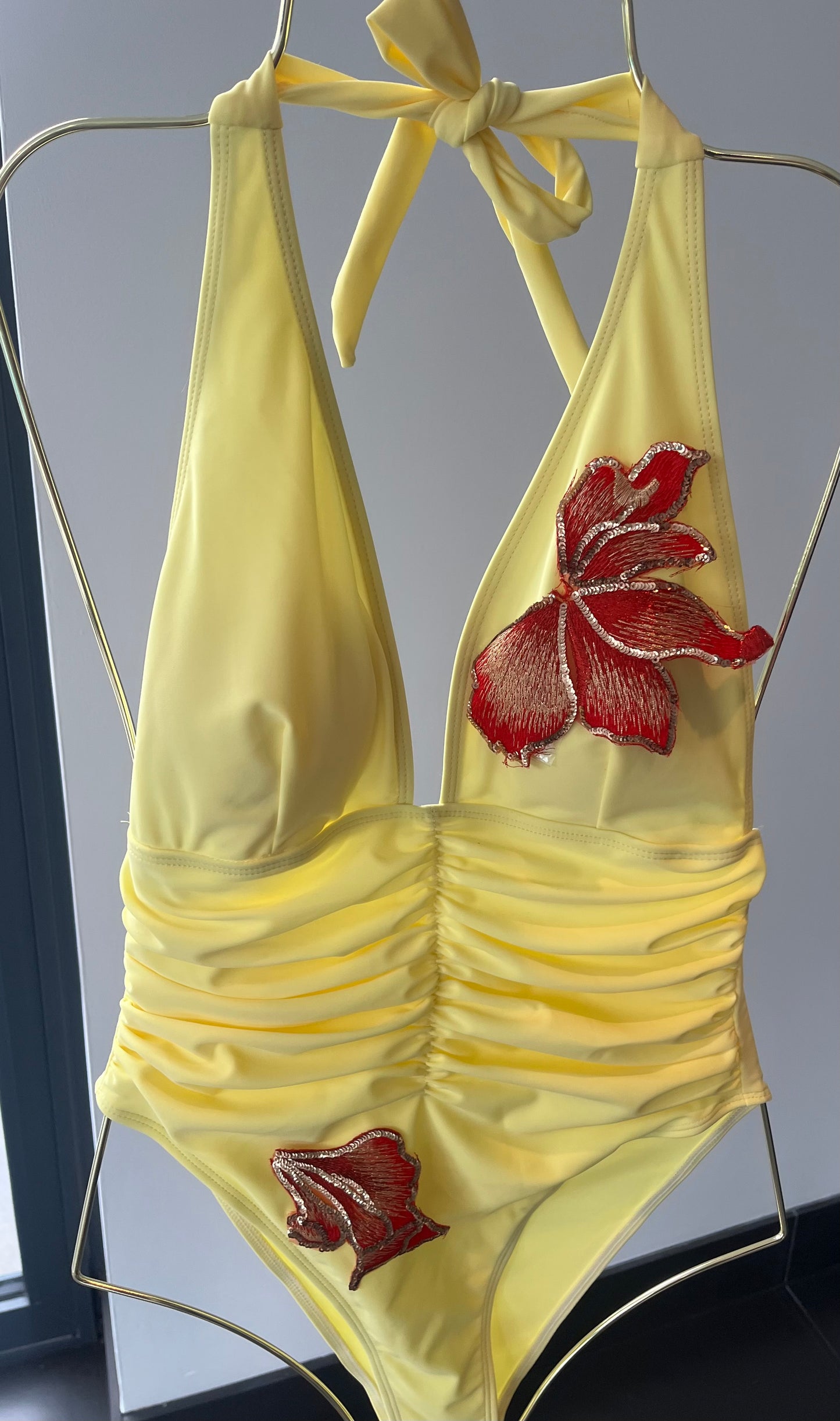 Yellow Red blossom One piece swimsuit