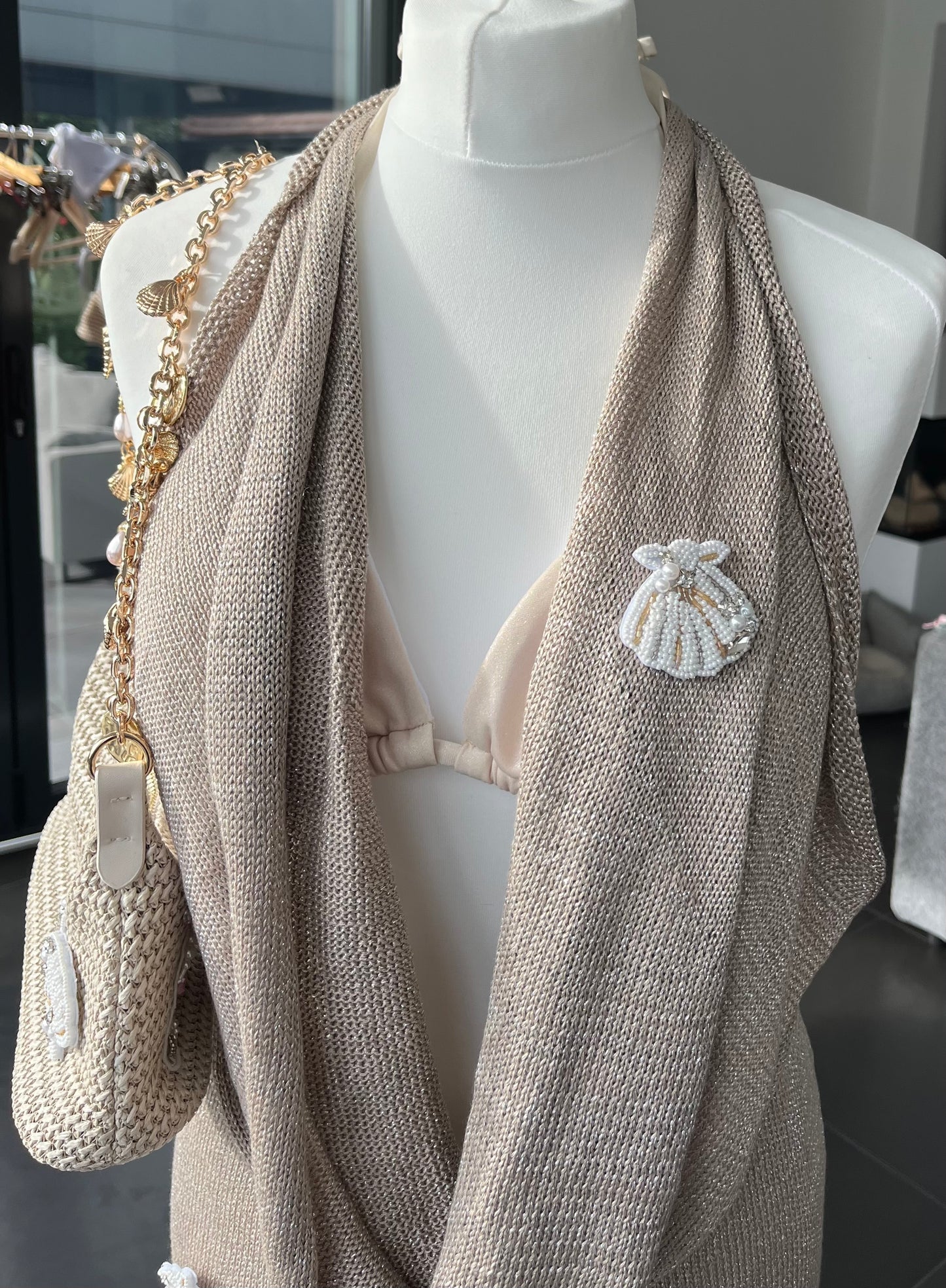 Beige beaded seashells knit slouch front backless dress
