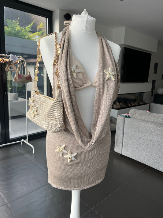 Beige double cream starfish knit slouch front backless dress