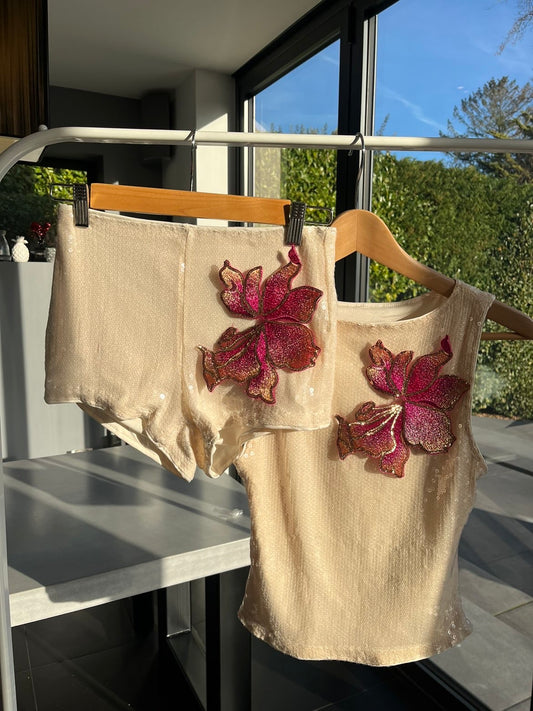 Beige pink blossom sequin tank & shorts SET
