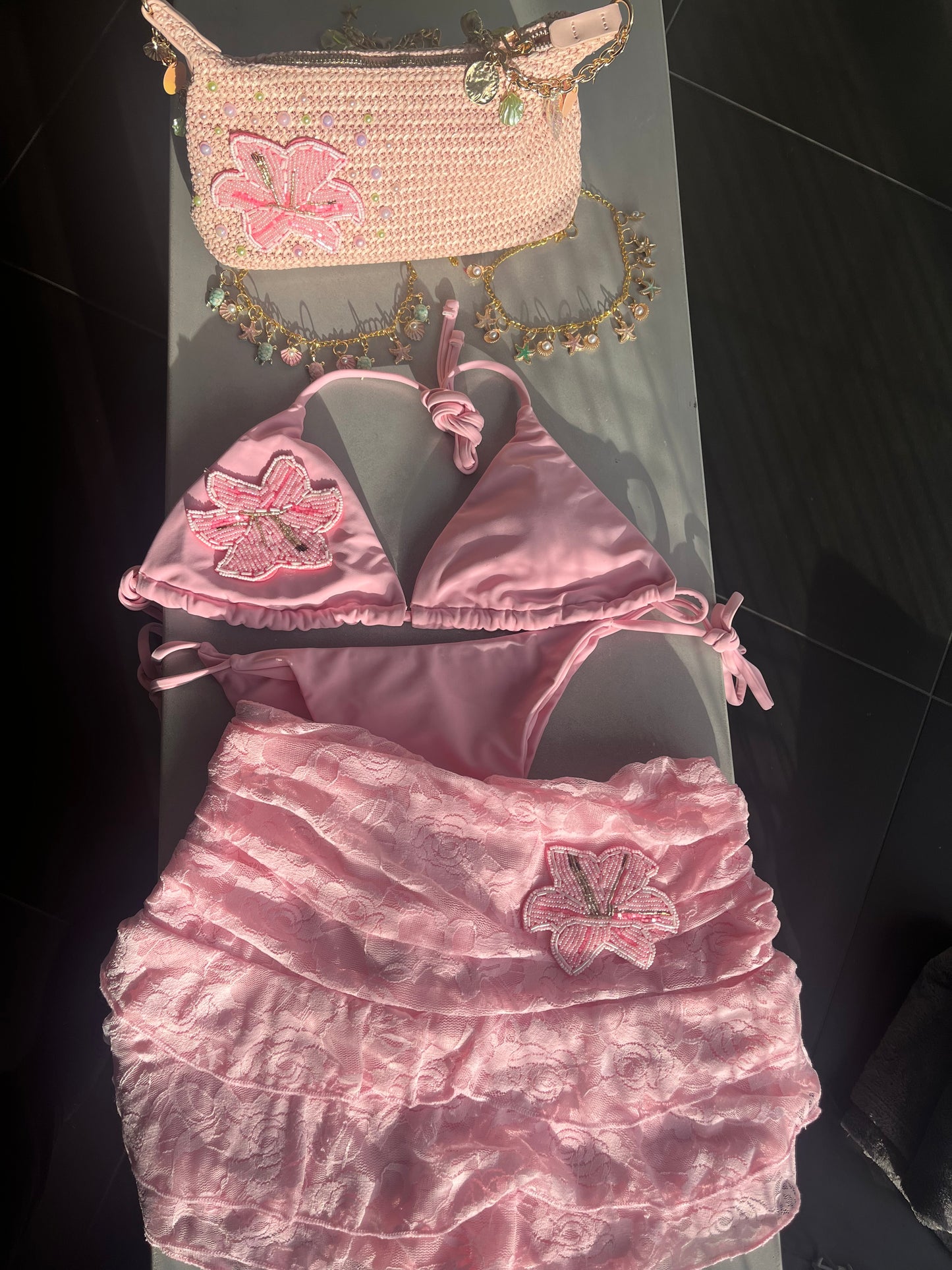Pink beaded flora lace skort