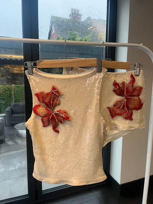 Beige red blossom sequin tank & shorts SET