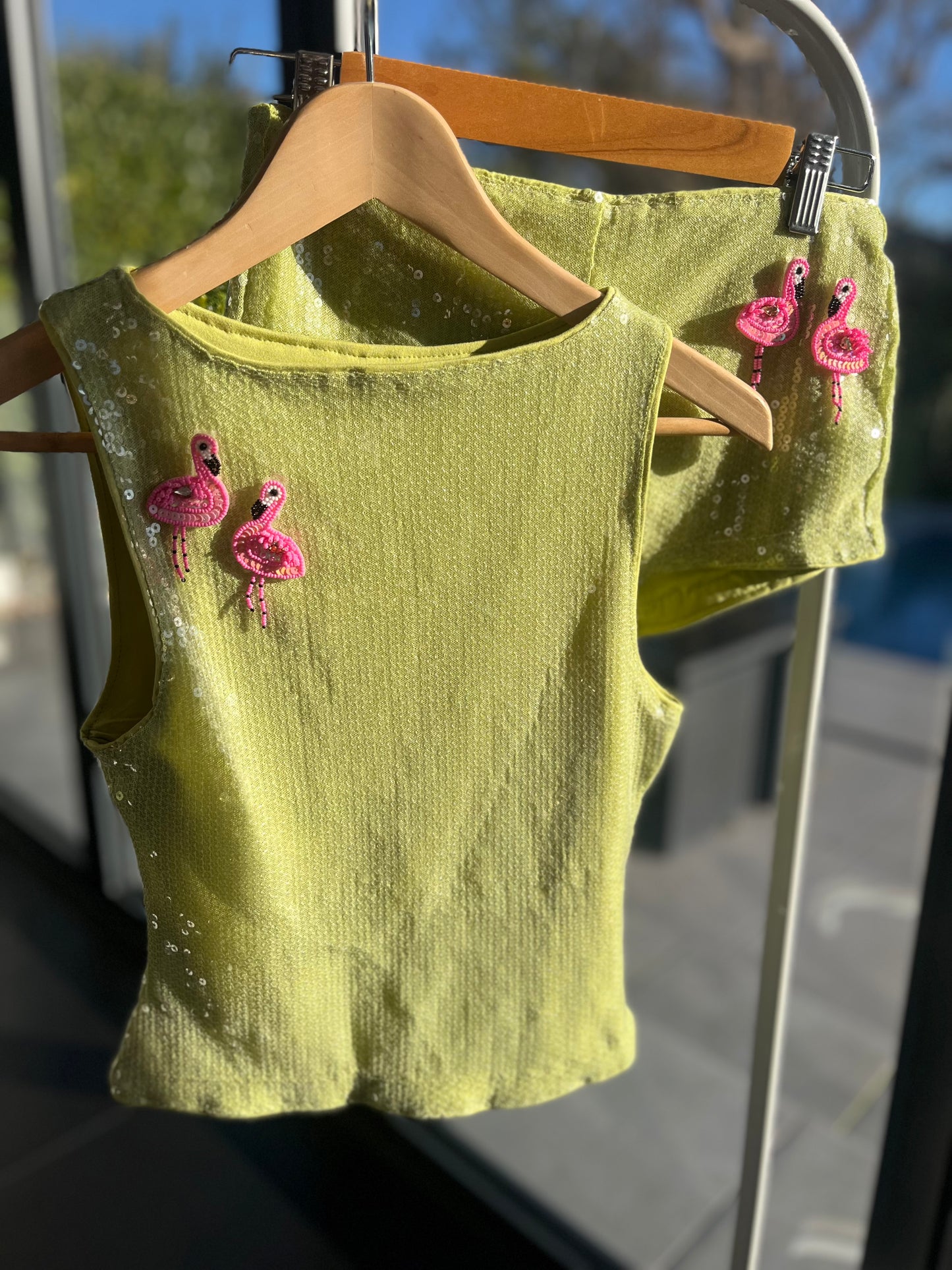Matcha beaded flamingo sequin tank & shorts SET