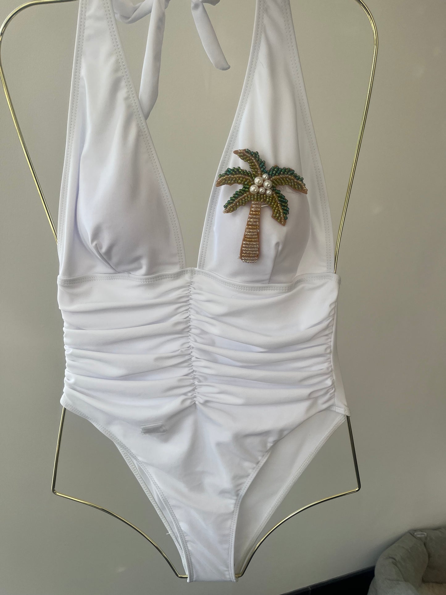 White beaded palm tree one piece swimsuit