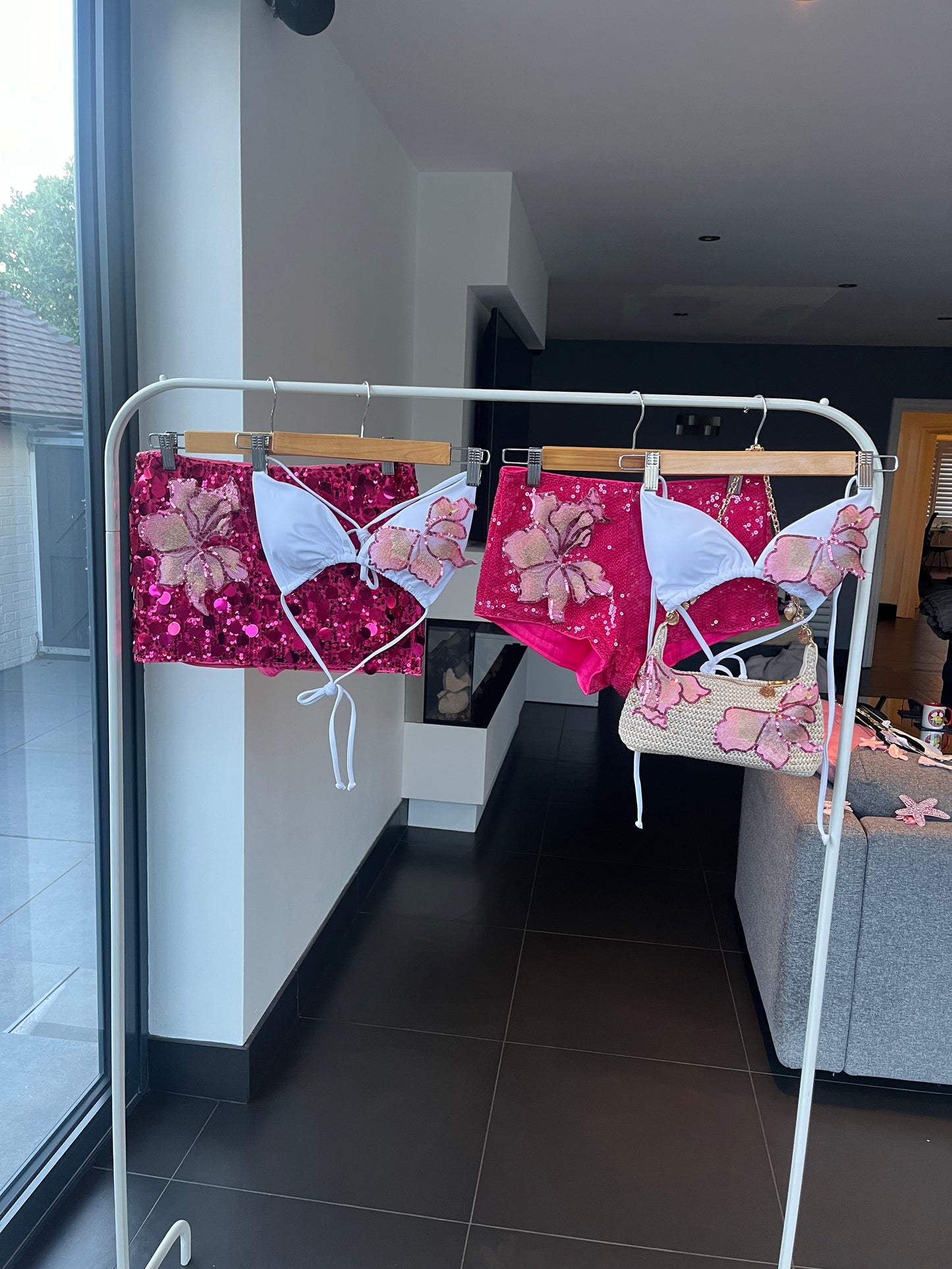 Hot pink candy blossom sequin skort