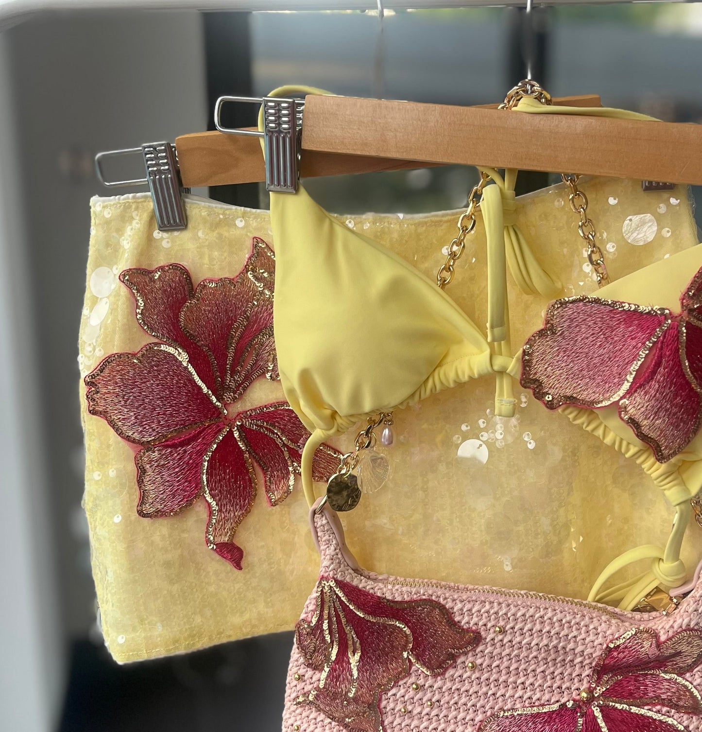 Yellow pink blossom sequin skort