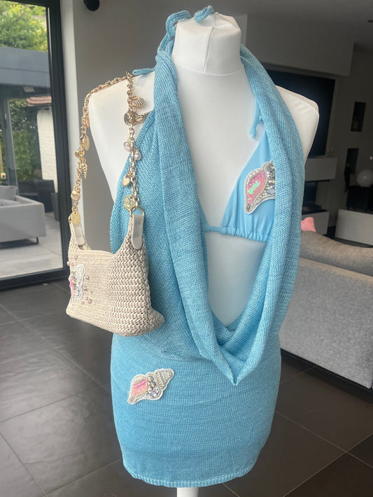 Blue beaded shell slouch front backless dress