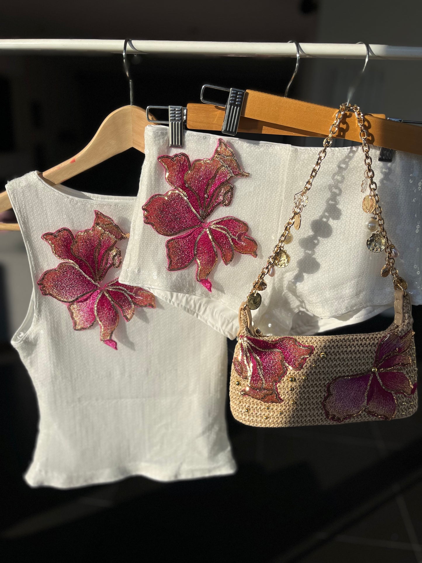 White pink blossom sequin shorts ONLY