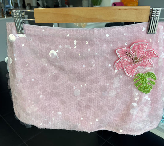 Pink beaded flora & leaf sequin skort