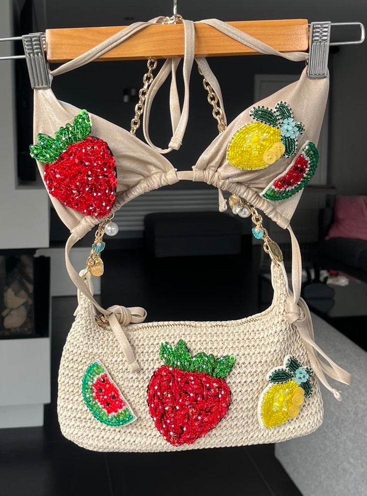 Beige beaded summer fruits bikini