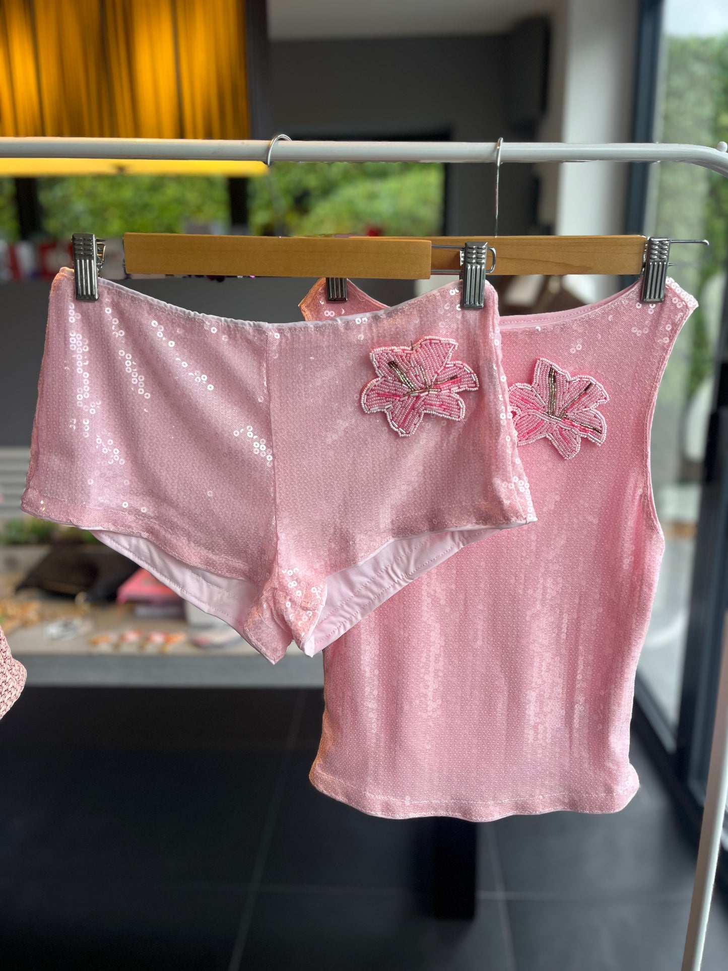 Pink beaded flora tank & shorts SET