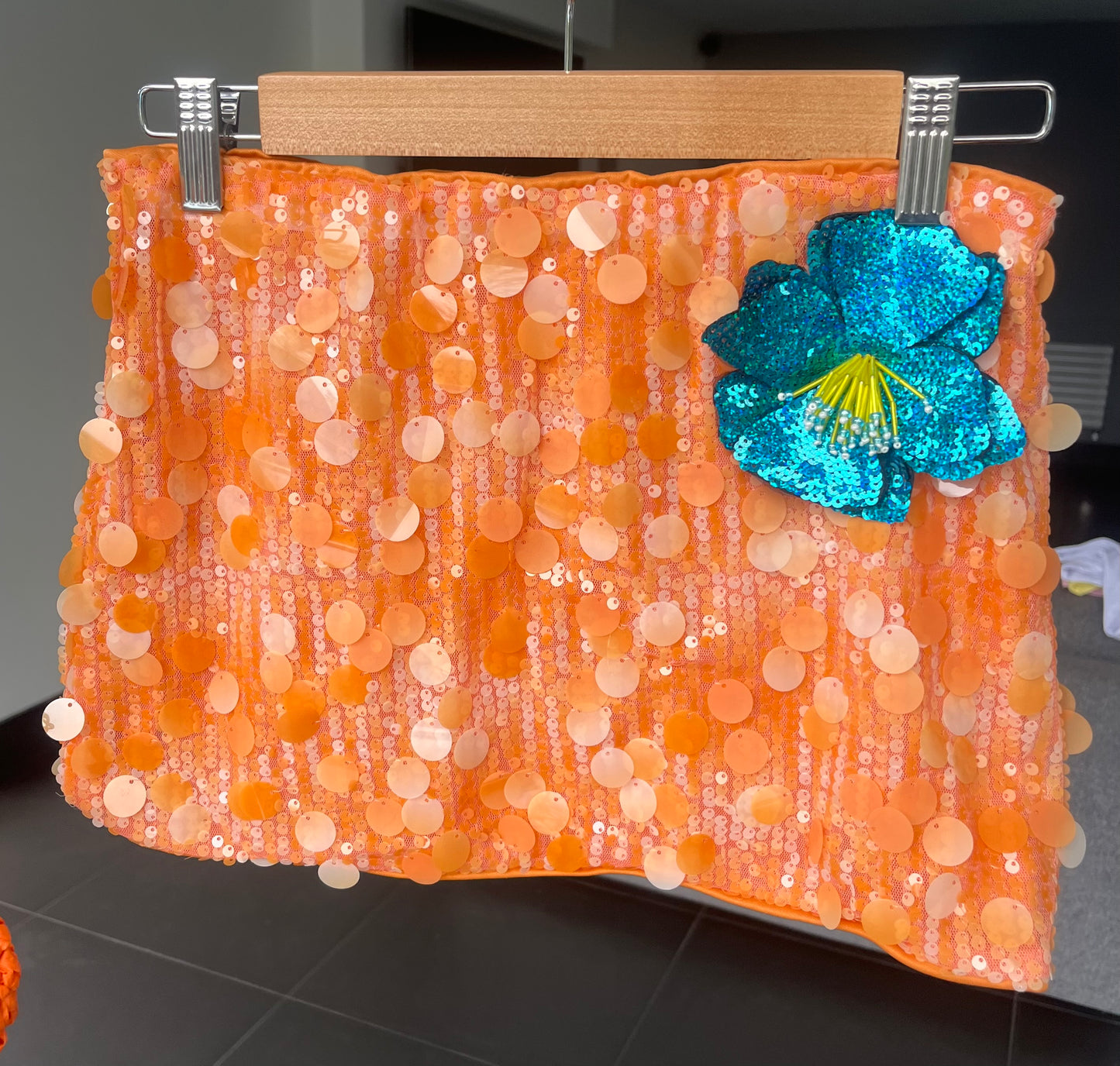 Orange turquoise flora sequin skirt