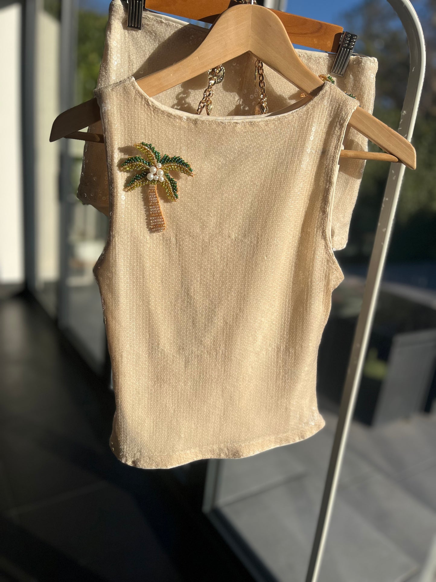 Beige beaded palm tree sequin Tank top ONLY
