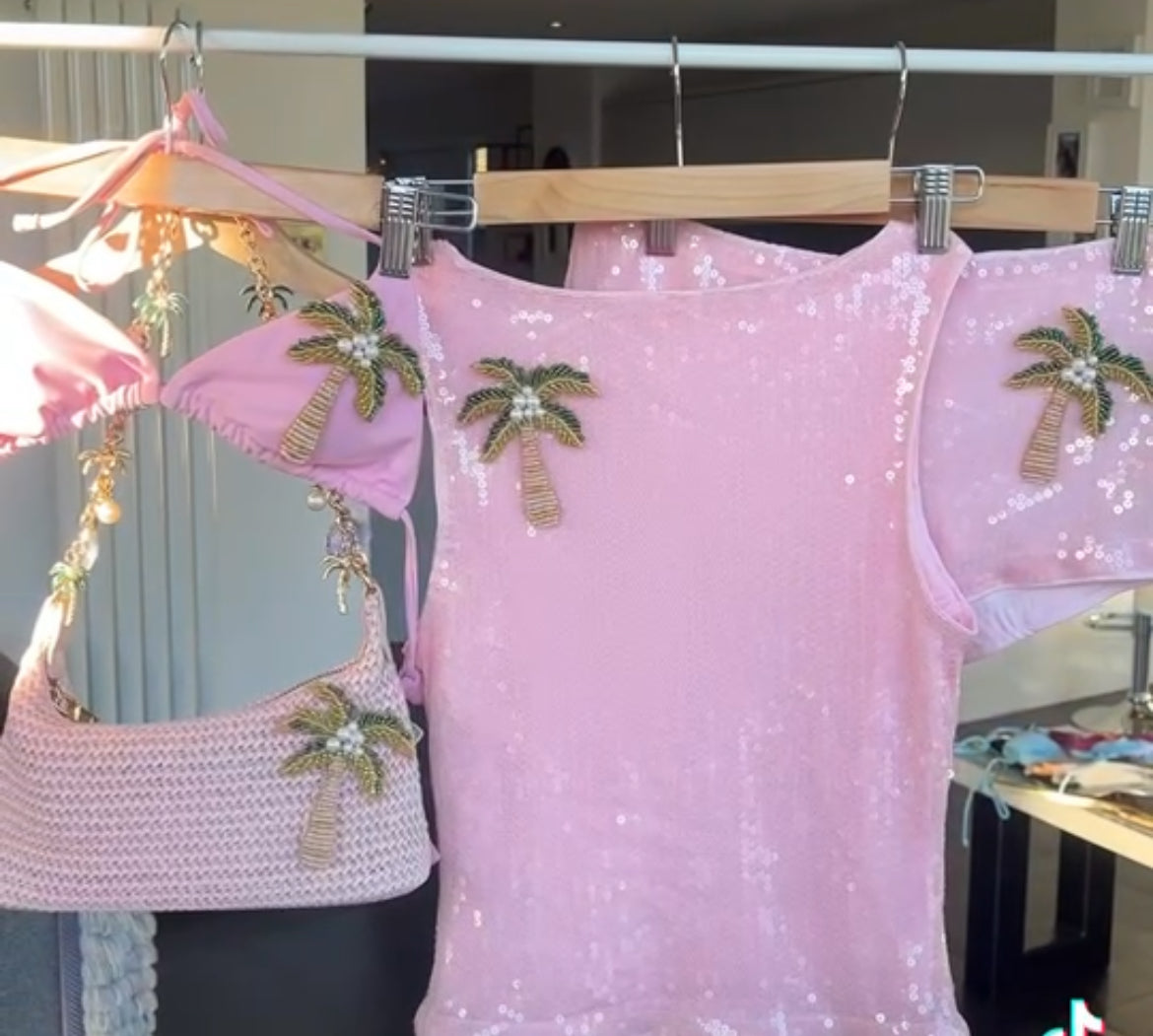 Pink beaded palm tree sequin shorts ONLY