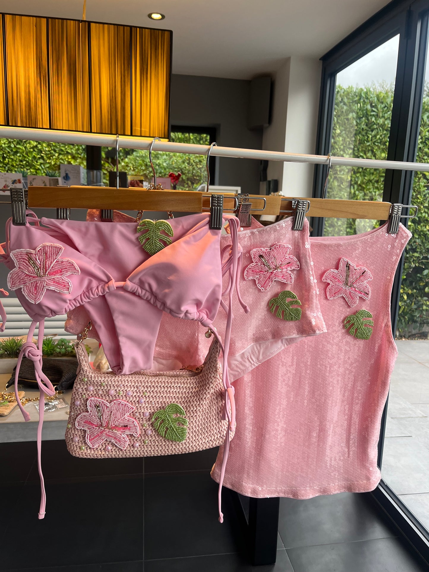 Pink beaded flora & leaf Tank top ONLY