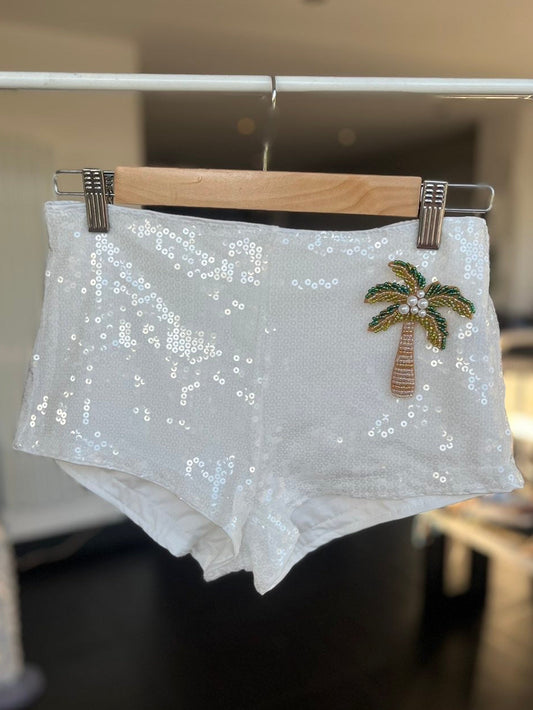 White beaded palm tree sequin shorts ONLY