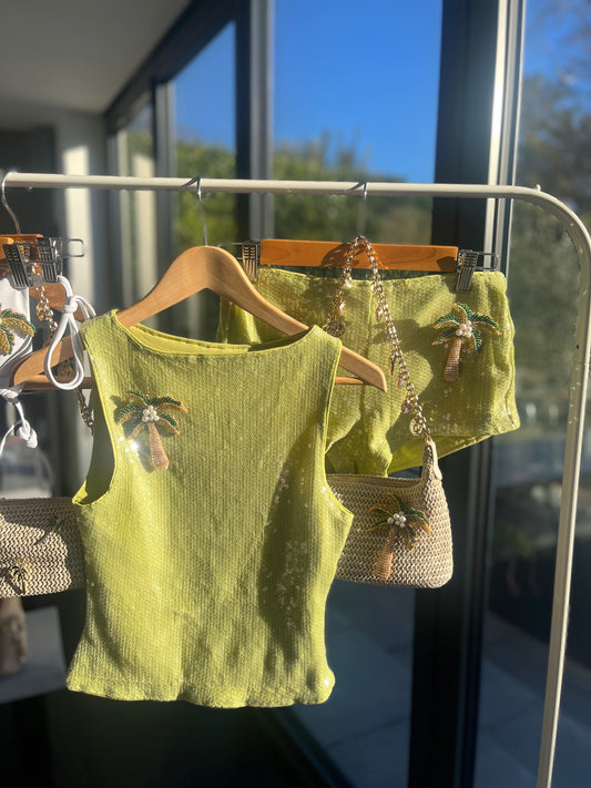 Matcha beaded palm tree sequin tank & shorts SET