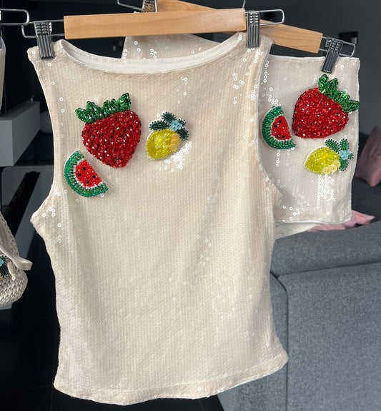 Beige beaded summer fruits sequin tank & shorts SET
