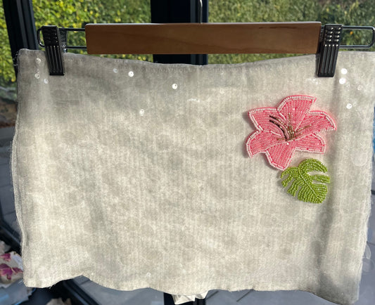 White beaded flora & leaf sequin skort