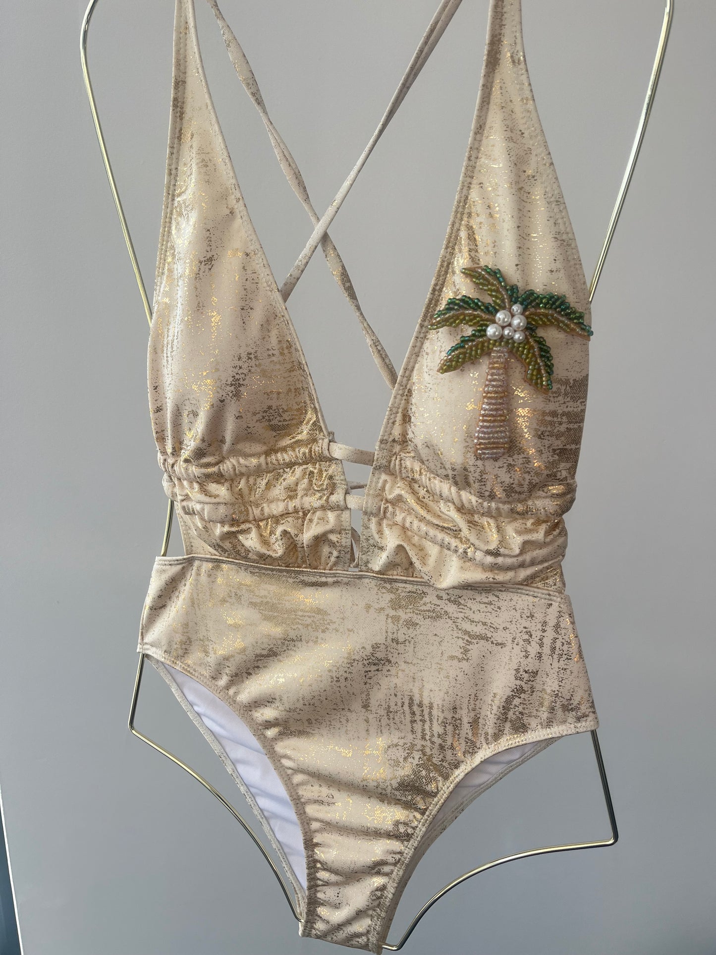 Beige beaded palm tree One piece swimsuit