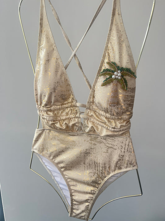 Beige beaded palm tree One piece swimsuit