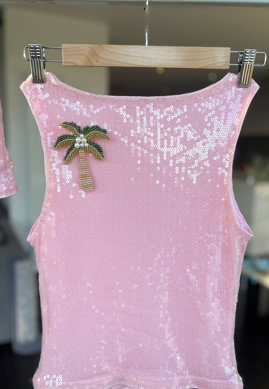 Pink beaded palm tree sequin Tank top ONLY