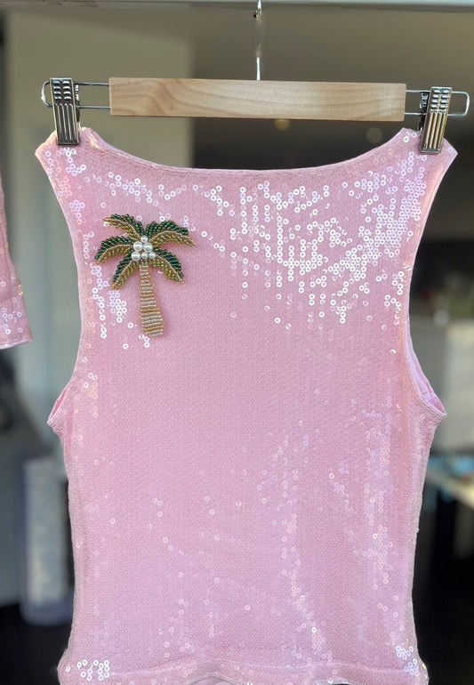 Pink beaded palm tree sequin Tank top ONLY