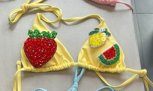 Yellow beaded summer fruits bikini