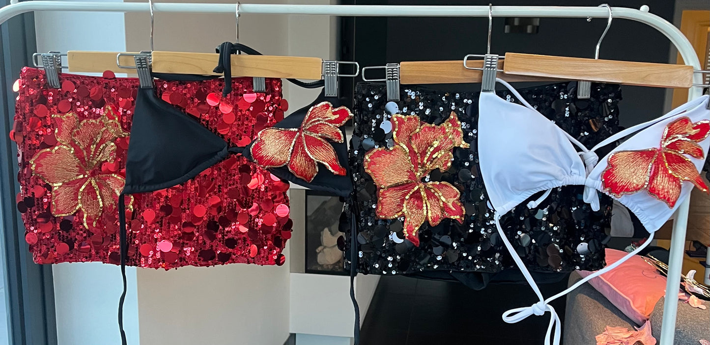 Black Red blossom sequin skort