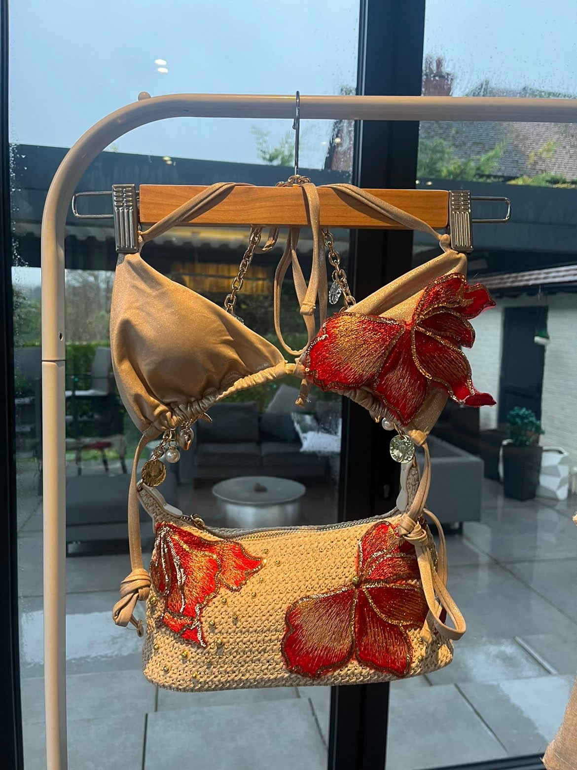 Beige red blossom bikini