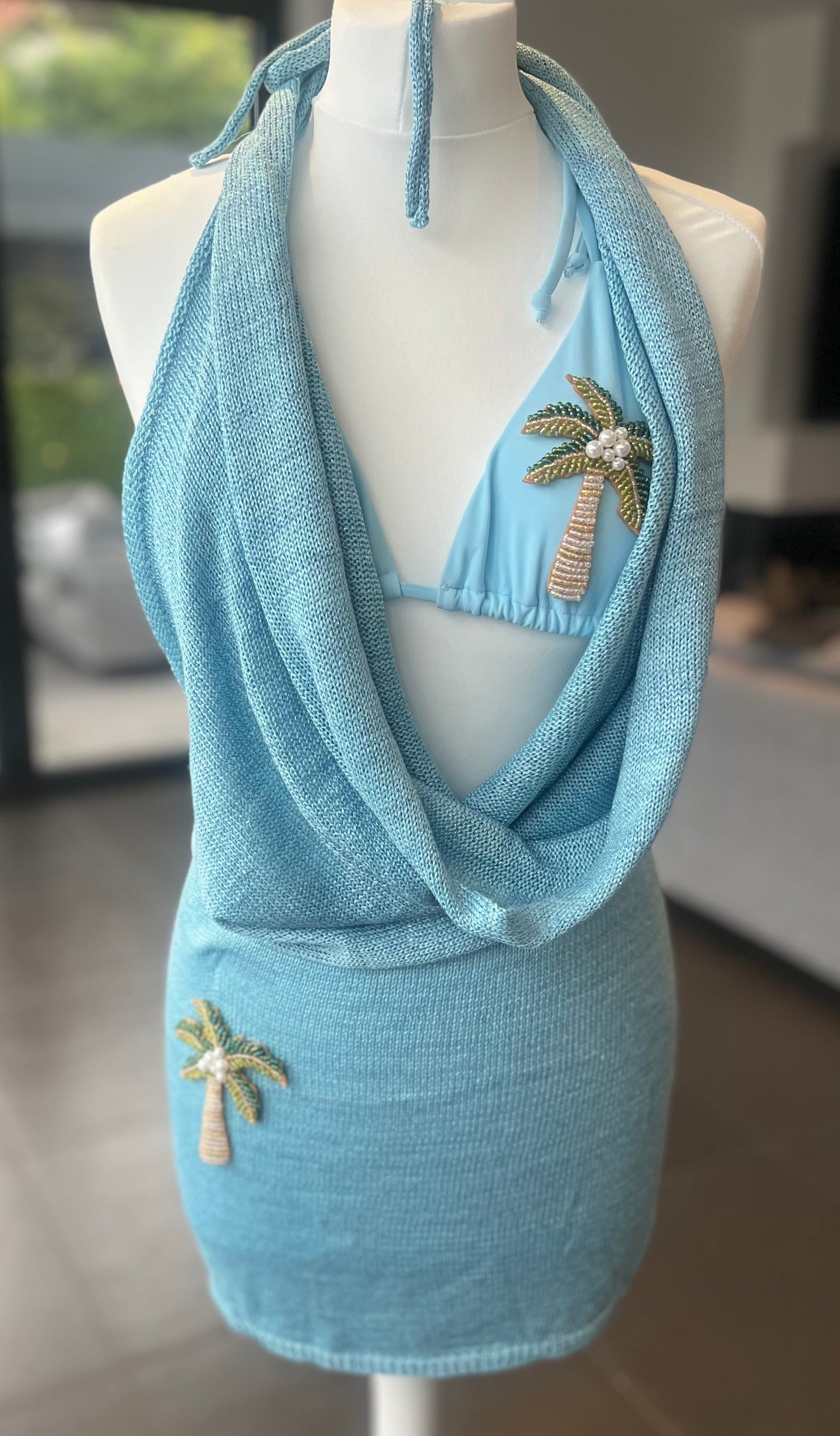 Blue beaded palm tree slouch front backless dress