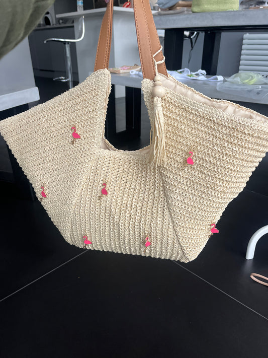 Beige Flamingo charm beach bag